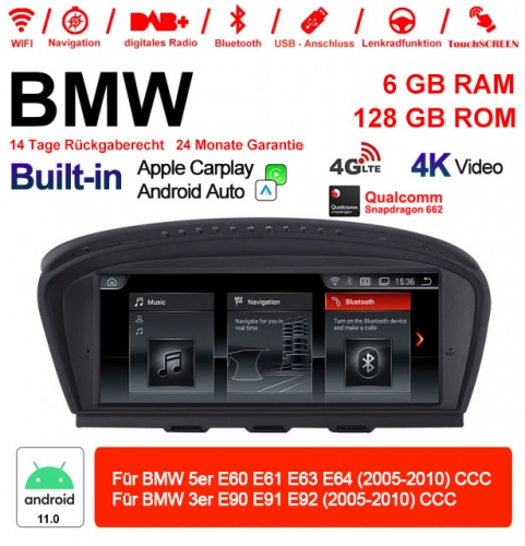 8.8" Qualcomm Snapdragon 662 Android 11.0 4G LTE Autoradio / Multimédia USB WiFi Navi Carplay Pour BMW 5 Series E60 E61 E63 3 Serie E90 E91 E92 CCC