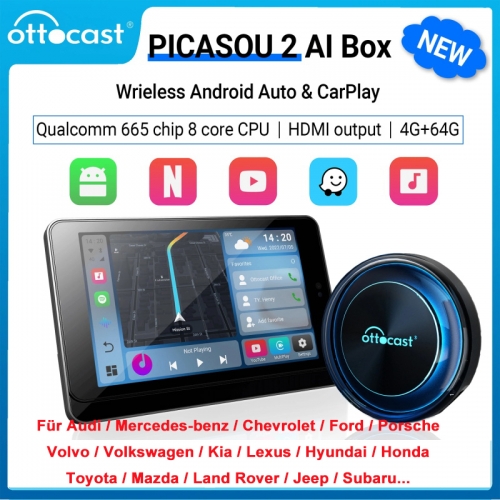 OTTOCAST PICASOU 2 CarPlay AI Box Snapdragon 665 Android 10 4 +64G avec HDMI sans fil CarPlay Android Auto pour iOS 10/Android 11 pour Porsche Benz...