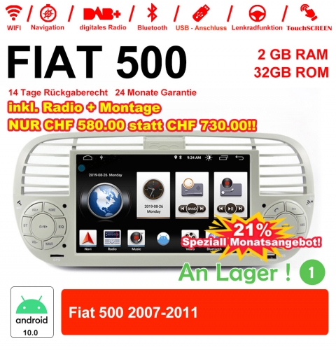 6.2 pouces Android 10.0  Autoradio/multimédia 2Go RAM 32Go ROM pour Fiat 500 2007-2011 avec WiFi NAVI Bluetooth Built-in Carplay/ Android Auto Blanc