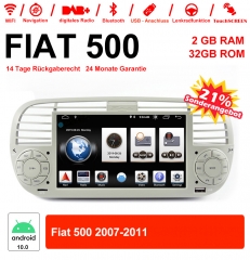 6.2 pouces Android 10.0  Autoradio/multimédia 2Go RAM 32Go ROM pour Fiat 500 2007-2011 avec WiFi NAVI Bluetooth Built-in Carplay/ Android Auto Blanc