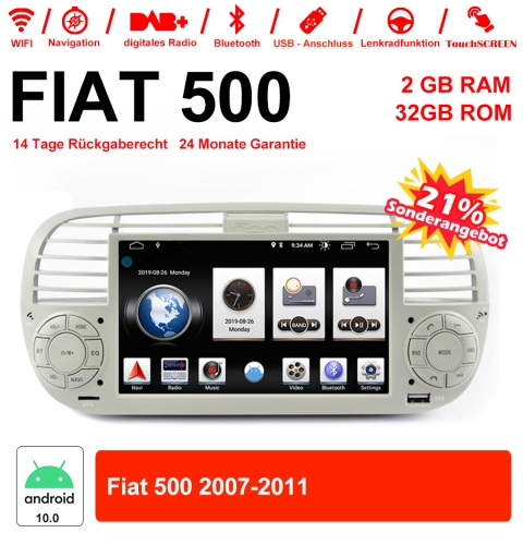 6.2 pouces Android 10.0  Autoradio/multimédia 2Go RAM 32Go ROM pour Fiat 500 2007-2011 avec WiFi NAVI Bluetooth Built-in Carplay/ Android Auto Blanc