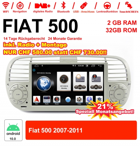 6.2 pouces Android 10.0  Autoradio/multimédia 2Go RAM 32Go ROM pour Fiat 500 2007-2011 avec WiFi NAVI Bluetooth Built-in Carplay/ Android Auto Blanc