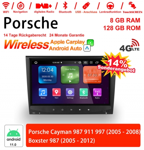 8 pouces Android 11.0 4G LTE Autoradio /multimédia 8Go de RAM 128Go ROM pour Porsche Cayman 987 911 997 Boxster 987  intégré Carplay/Android Auto