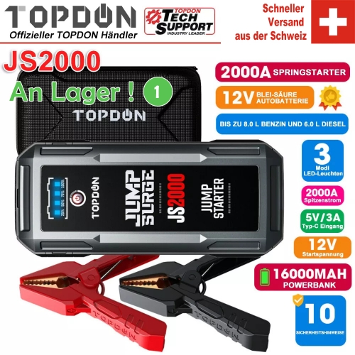 TOPDON JS2000 2000A 12V Car Jump Starter Battery Booster Battery Tester mit 16000mAh power bank