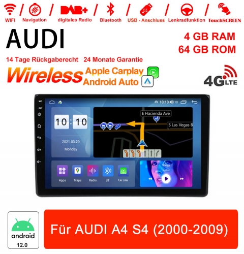 9 pouces Android 12.0 4G LTE Autoradio / Multimédia 4 Go de RAM 64 Go de RAM pour Audi A4 S4(2000-2009)