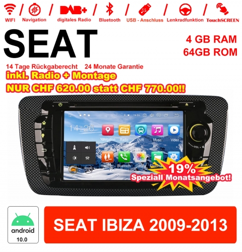 7 Zoll Android 10 Autoradio / Multimedia 4GB RAM 64GB ROM Für SEAT IBIZA 2009-2013 Mit WiFi NAVI Bluetooth USB