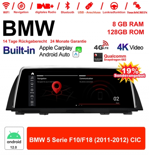 10.25" Qualcomm Snapdragon 665 Android 12.0 4G LTE Autoradio / Multimédia USB WiFi Navi Carplay Pour BMW 5 Series F10/ F18 (2011-2012) CIC