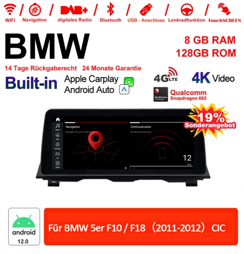 12.3 Zoll Qualcomm Snapdragon 665 8 Core Android 12.0 4G LTE Autoradio / Multimedia USB Carplay Für BMW 5 Series F10/F18 2011-2012 CIC Mit WiFi