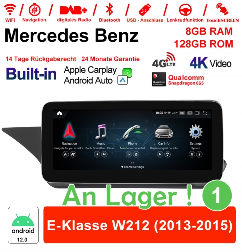 Qualcomm Snapdragon 665 8 Core Android 12 4G LTE Autoradio/Multimédia 8Go RAM 128Go ROM pour Benz Classe E W212 2013-2015 NTG4.5 CarPlay intégré