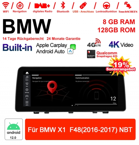 12.3 pouces Qualcomm Snapdragon 665 8 Core Android 12.0 4G LTE Autoradio / Multimédia USB Carplay Pour BMW X1  F48 (2016-2017) NBT avec WIFI
