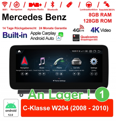 Qualcomm Snapdragon 665 8 Core Android 12 4G LTE Autoradio/ Multimédia 8Go RAM 128Go ROM pour Benz Classe C W204 2008-2010 NTG4.0 CarPlay intégre