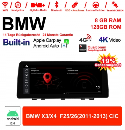 12.3 Zoll Qualcomm Snapdragon 665 8 Core Android 12.0 4G LTE Autoradio / Multimedia USB Carplay Für  BMW X3/X4  F25/26 (2011-2013) CIC Mit WiFi