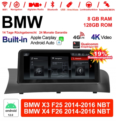 10.25 inch Qualcomm Snapdragon 665 8 Core Android 12.0 4G LTE Car Radio / Multimedia USB WiFi Carplay For BMW X3/X4   F25/26 (2014-2016) NBT