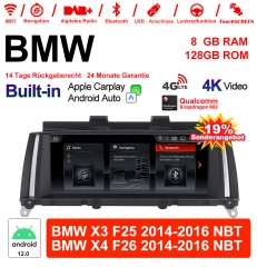 8.8 inch Qualcomm Snapdragon 665 8 Core Android 12.0 4G LTE Car Radio / Multimedia USB WiFi Carplay For BMW X3/X4   F25/26(2014-2016)NBT