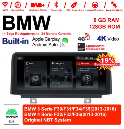10,25" Qualcomm Snapdragon 665 8 Core Android 12.0 4G LTE Autoradio/Multimédia USB WiFi Carplay Pour BMW 3 Series / 4 Series NBT
