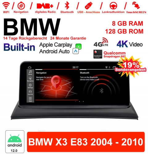 10.25 inch Qualcomm Snapdragon 662 8 Core Android 12.0 4G LTE Car Radio / Multimedia USB WiFi Carplay For BMW X3 E83 (2004-2010)