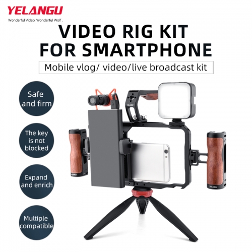 YELANGU Cage de téléphone portable Vlogging Diffusion en direct Selfie Light Mic Smartphone Video Rig Grips Kits de stabilisateur pour iPhone Android