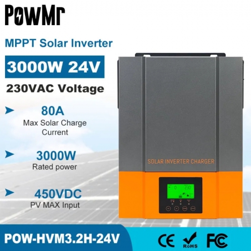 Onduleur solaire hybride Powmr 3000W/5000W 24V 48V 220V onduleur à onde sinusoïdale pure 3KW intégré MPPT 80A