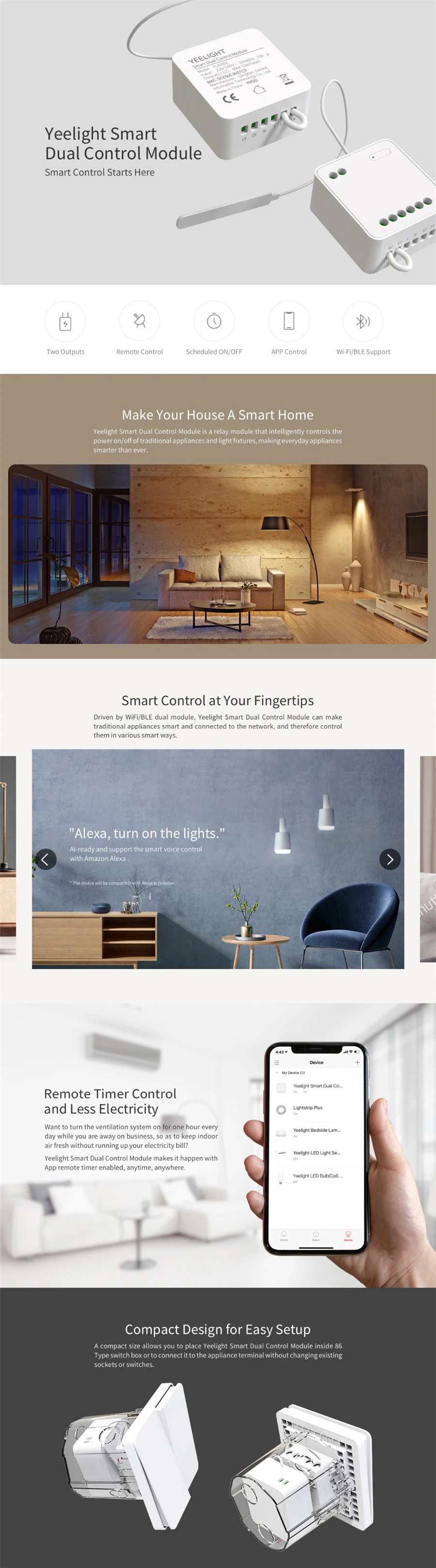 Le contrôle de l'application de réglage intelligent du module bidirectionnel (produit de l'écosystème Xiaomi) est soigneusement conçu pour vous offrir, à vous et à votre famille, une nouvelle et unique expérience de vie intelligente confortable. et peut obtenir une expérience de maison plus intelligente avec d'autres appareils intelligents. À tout moment et en tout lieu, vous pouvez contrôler vos lumières, vos appareils électroménagers, etc. via l'application, ce qui est pratique pour votre vie.  -Télécommande App, contrôle automatique du temps, etc. -Obtenez une expérience de maison plus intelligente avec d'autres appareils intelligents -À tout moment et en tout lieu, vous pouvez contrôler vos lumières, vos appareils électroménagers, etc. via l'application, ce qui est pratique pour votre vie   Spécification:  Marque : Yeelight Modèle : YLAI002 Connexions sans fil : wifi/ble Couleur blanche Poids : 50g Taille: 49,3x46x24mm Tension d'entrée : 220-240 V150/60 Hz. Charge maximale : 10a/2500w Température de fonctionnement : -10°C - +50°C Humidité de travail : 5 % ~ 95 % HR