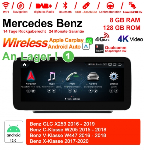 Qualcomm Snapdragon 662 8 Core Android 12 4G LTE Autoradio/Multimédia 8Go de RAM 128Go de ROM pour Benz GLC Classe C Classe V NTG5.5 CarPlay intégré