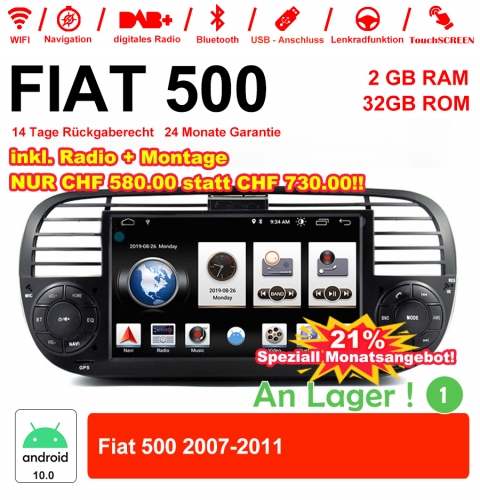 6.2 pouces  Android 10.0 Autoradio/multimédia 2Go RAM 32Go ROM pour Fiat 500 2007-2011 avec WiFi NAVI Bluetooth USB Built-in Carplay/Android Auto Noir