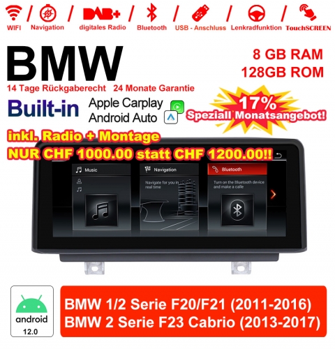 10.25" Qualcomm Snapdragon 665 8 Core Android 12.0 4G LTE Autoradio/Multimédia USB WiFi Carplay Pour BMW 1 Serie/2 Serie NBT