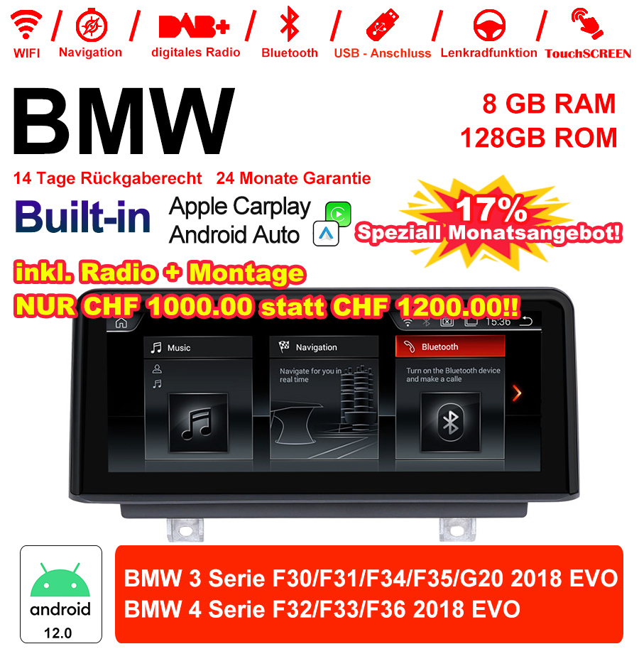 10.25 Zoll Qualcomm Snapdragon 665 8 Core Android 12.0 4G LTE Autoradio / Multimedia USB WiFi Navi Carplay Für BMW 3/4 Series (2018)  EVO