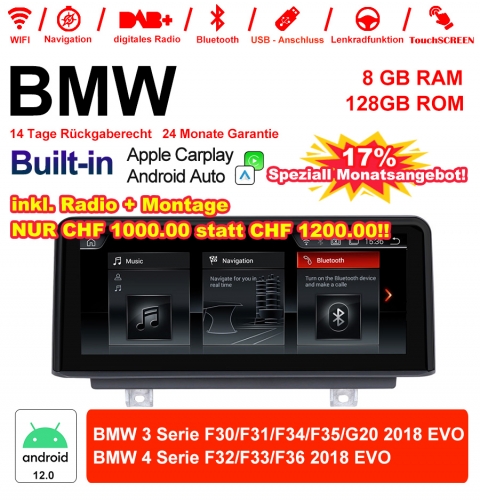 10.25 inch Qualcomm Snapdragon 665 8 Core Android 12.0 4G LTE Car Radio / Multimedia USB WiFi Carplay For BMW 3/4 Series (2018)  EVO