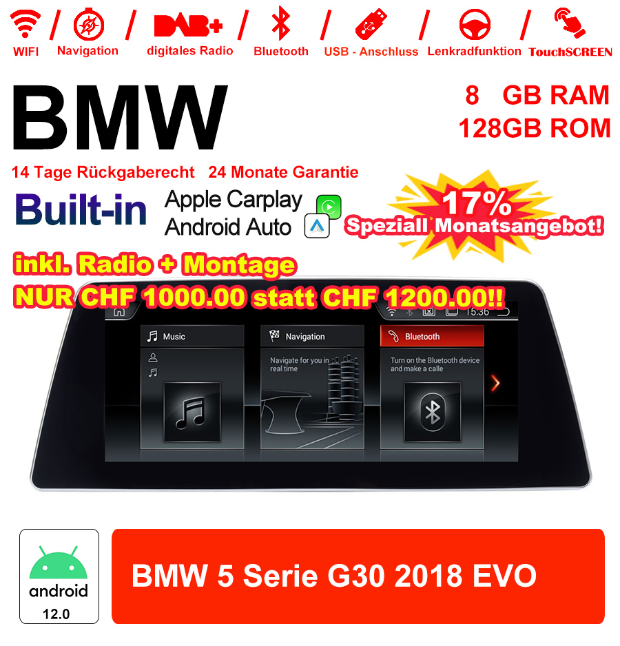 10.25 Zoll Qualcomm Snapdragon 665 8 Core Android 12.0 4G LTE Autoradio / Multimedia USB WiFi Navi Carplay Für BMW 5 Series G30 (2018) EVO