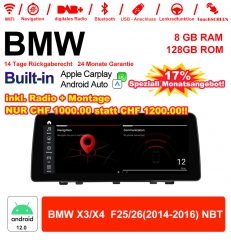 12.3'' Qualcomm Snapdragon 665 8 Core Android 12.0 4G LTE Autoradio/Multimédia USB Carplay Pour BMW X3/X4 F25/26 (2014-2016) NBT