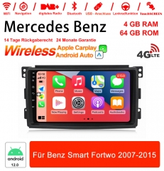 9 pouces Android 12.0 4G LTE Autoradio / Multimédia 4Go RAM 64Go ROM pour Mercedes Benz Smart Fortwo 2007-2015 Intégré CarPlay /Android Auto
