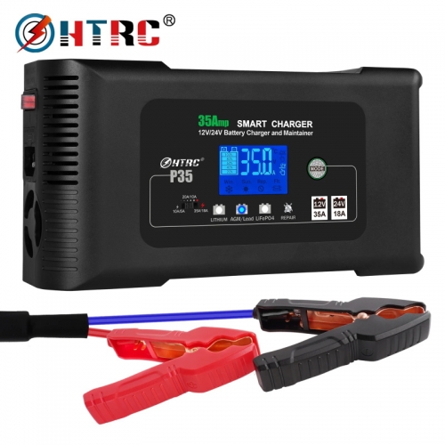 HTRC 35A 12V-24V chargeur de batterie de voiture écran LCD pour camion Lithium/LiFePO4/plomb acide/AGM batterie réparation d'impulsion chargeur