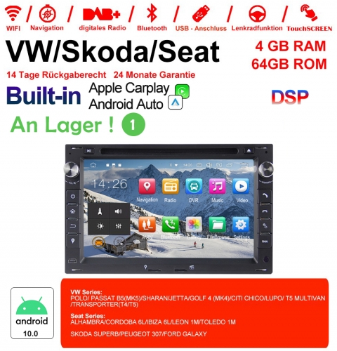 7 pouces Android 10.0 Autoradio / Multimédia 4Go de RAM 64Go de ROM pour VW Golf Bora Passat Mk5 Polo de golf Jetta Seat Peugeot 307 Built-in Carplay