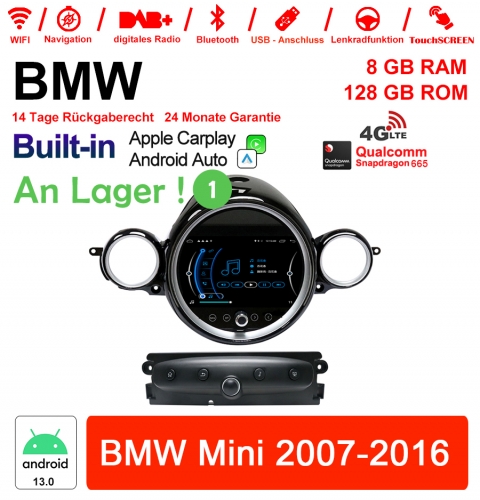 9 pouces Qualcomm Snapdragon 665 Android 13 4G LTE Autoradio  8GB RAM 128GB ROM USB WiFi Navi Carplay Pour BMW Mini Cooper(2007-2016)