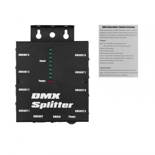 Répartiteur d'amplificateur de signal optique DMX512, 1 entrée et sortie directes, 8 sorties indépendantes