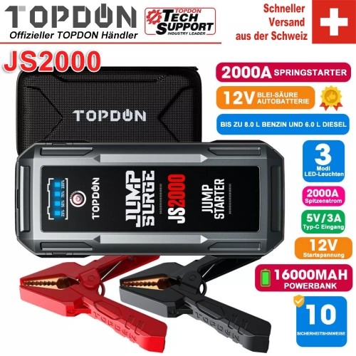 TOPDON JS2000 2000A 12V Car Jump Starter Battery Booster Battery Tester mit 16000mAh power bank