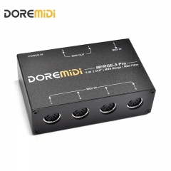 Merge-5 Pro can merge up to 5 MIDI input signals into 1 MIDI data stream and can be output directly via 2 MIDI interfaces