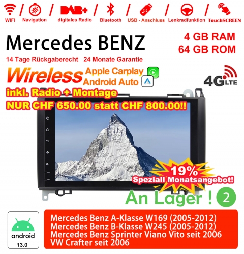 9 Zoll Android 13.0 4G LTE Autoradio 4GB RAM 64GB ROM Für BENZ A-Klasse W169, B-Klasse W245, Sprinter Viano Vito, VW Built-in Carplay / Android Auto