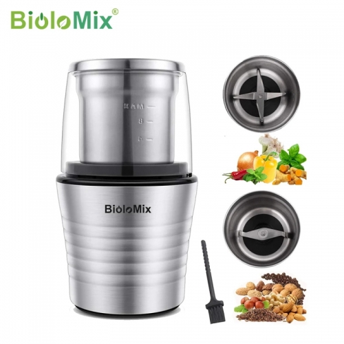 BioloMix 2-en-1 double tasses humides et sèches 300W moulin à épices et grains de café électrique corps en acier inoxydable et lames de meunier