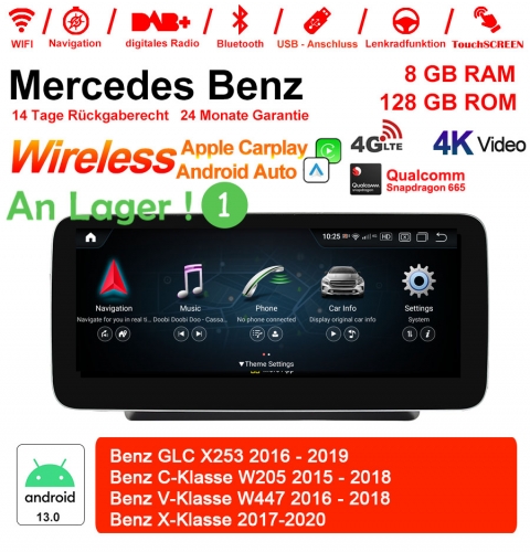 Qualcomm Snapdragon 662 8 Core Android 13 4G LTE Autoradio/Multimédia 8Go de RAM 128Go de ROM pour Benz GLC Classe C Classe V NTG5.5 CarPlay intégré