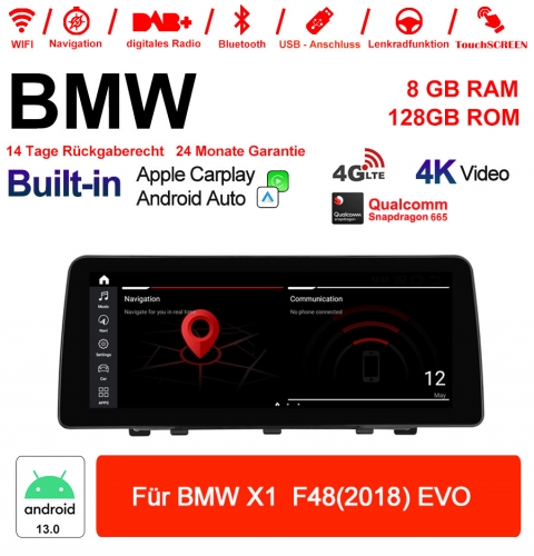 12.3 Inch Qualcomm Snapdragon 665 8 Core Android 13.0 4G LTE Car Radio / Multimedia USB Carplay For BMW X1  F48 2018 EVO With WiFi