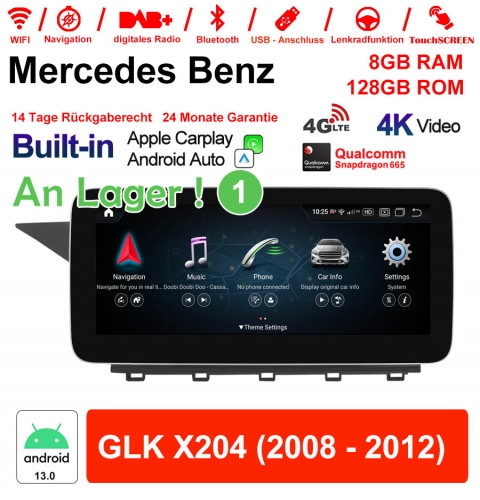 Qualcomm Snapdragon 665 8 Core Android 13 4G LTE Autoradio/Multimédia 8Go RAM 128Go ROM pour Benz GLK X204 2008-2012 NTG4.0 CarPlay intégré
