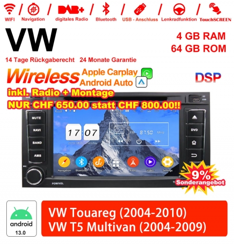 7 Zoll Android 13.0 Autoradio/Multimedia 4GB RAM 64GB ROM Für VW TOUAREG 2004-2010,VW T5 Multivan 2004-2009 Built-in Carplay / Android Auto