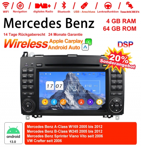 7 pouces androïde 13.0 d'autoradio multimédia / multimédia 4GB RAM 64GB pour Mercedes BENZ classe W169, classe W245, Sprinter Viano Vito et VW Crafter