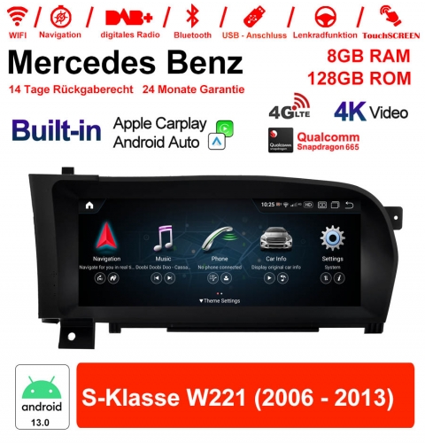 10.25 inches Qualcomm Snapdragon 665 8 Core Android 13 4G LTE Car Radio/Multimedia 8GB RAM 128GB ROM For Benz S-class W221 2006-2013 Built-in Carplay