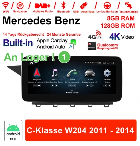Qualcomm Snapdragon 665 8 Core Android 13 4G LTE Autoradio / Multimedia 8GB RAM 128GB ROM Für Benz C-Klasse W204 2011-2014 NTG4.5 Built-in CarPlay
