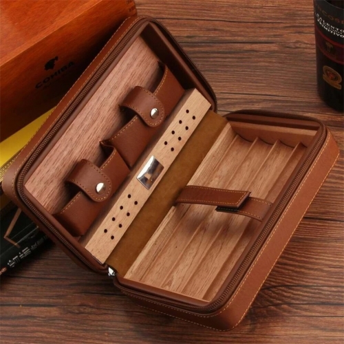 Portable travel leather Cigar Humidor case storage 4 Cigars cedar wood Material For Sigar Storage
