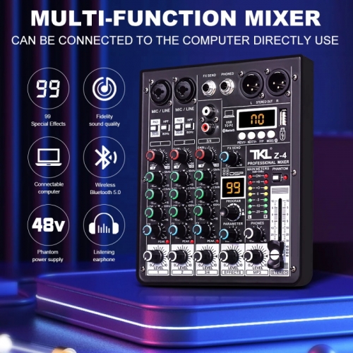 Tkl 4 canaux 99 dsp mélangeur audio 48 v alimentation fantôme usb studio mélangeur de son bluetooth dj console de mixage pour karaok
