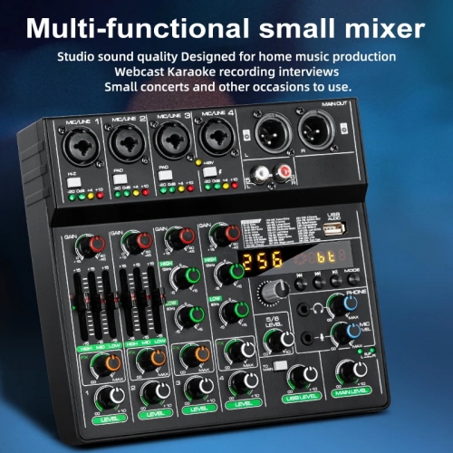 Professional 6-channel Bluetooth USB audio mixer with 256 reverb effect and 48V power supply