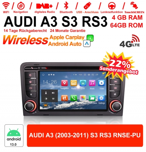 7 Zoll Android 13.0 Autoradio / Multimedia 4GB RAM 64GB ROM  Für AUDI A3 (2003-2011) S3 RS3 RNSE-PU Built-in Carplay / Android Auto